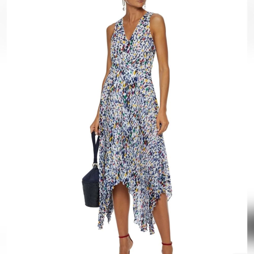 Derek Lam 10 Cosby Pleated Printed Crepe de Chine Sleeveless Midi Dress Size 2